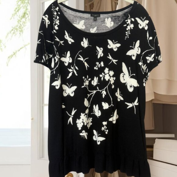Talbots Black Butterfly & Floral Knit Top • Like New • Ruffle Hem - Picture 3 of 3